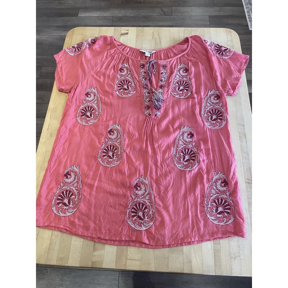 Lucky Brand Embroidered Paisley Short Sleeve Peasant Tassels Flowy Viscose Top S